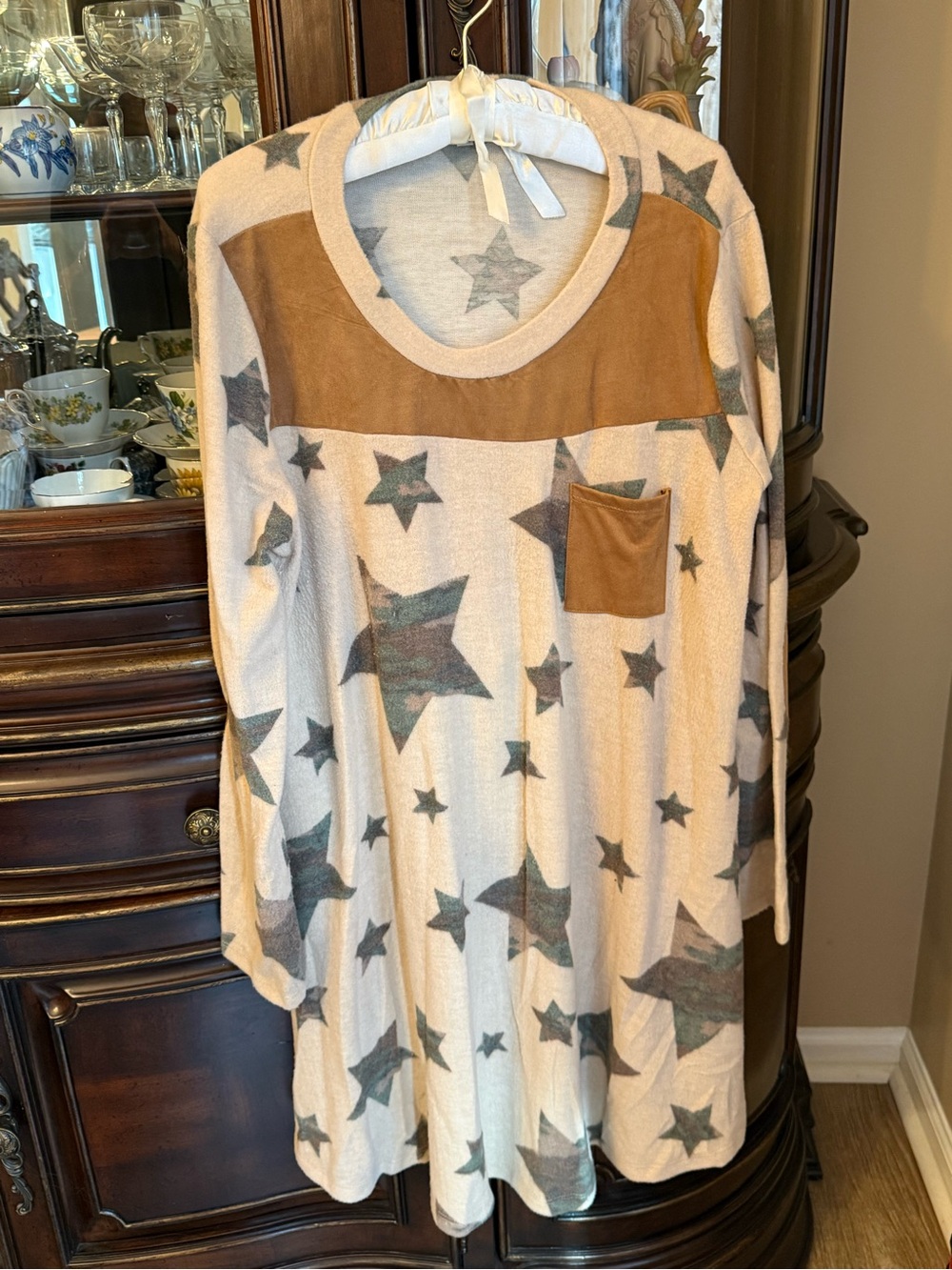 white birch Cream Star Print Long Sleeve Top with Tan Suede Yoke